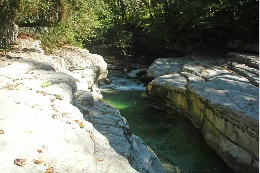 der Tauglbach kommt flach von oben, dann tief zwischen höheren Wänden